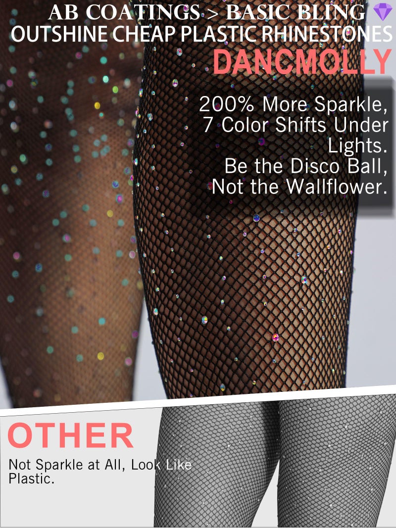 DancMolly Sparkly Rhinestone Fishnet Stockings for Women, Ultra Strong No Snag Fish Net Tights Sexy Rave Party Concert Outfit, 1 Pair Black Small Hole M-XL - Image 2